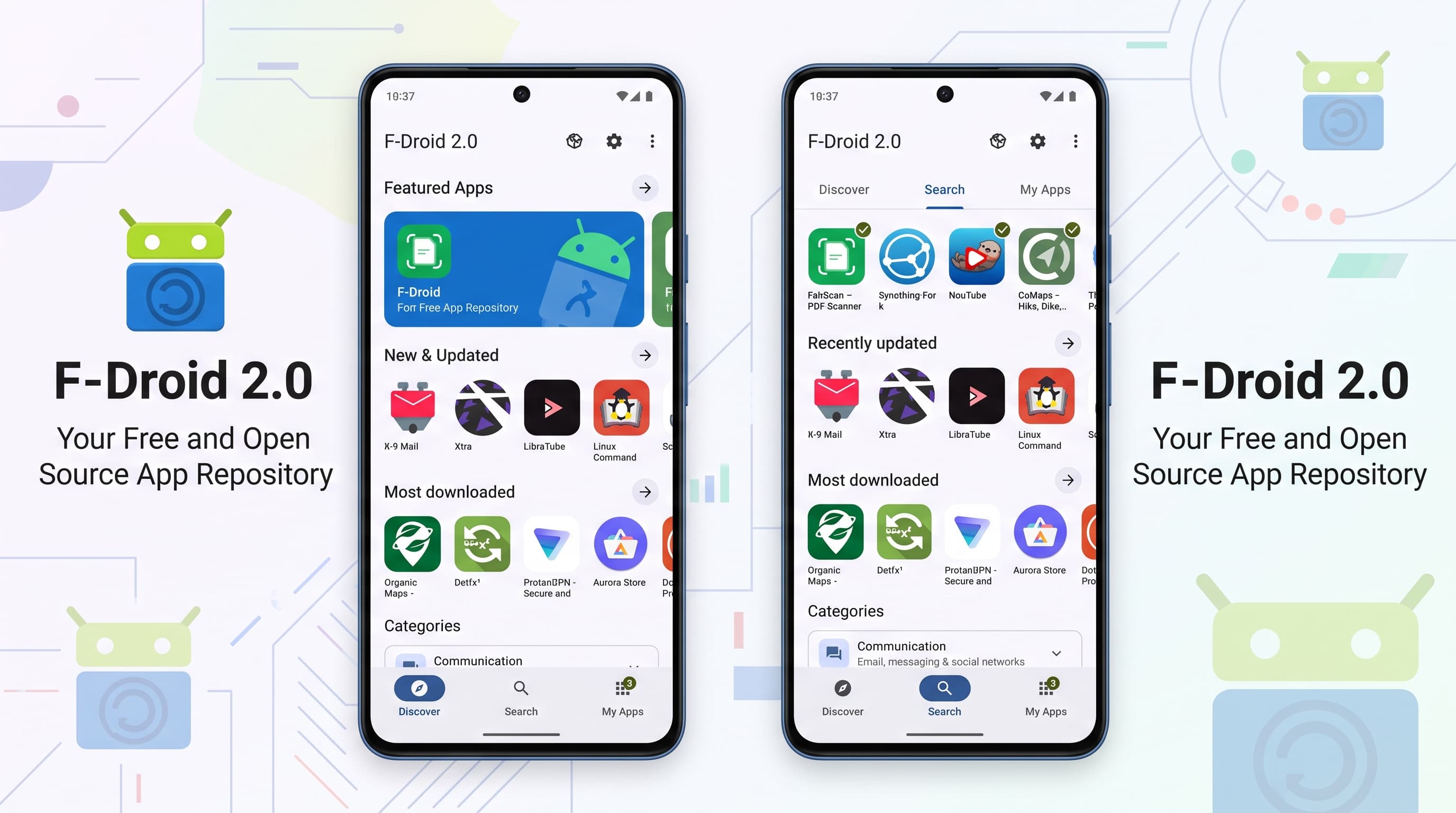 لوگوی F-Droid در کنار عدد ۲.۰ با پس‌زمینه‌ای مدرن و رنگ‌های شاداب