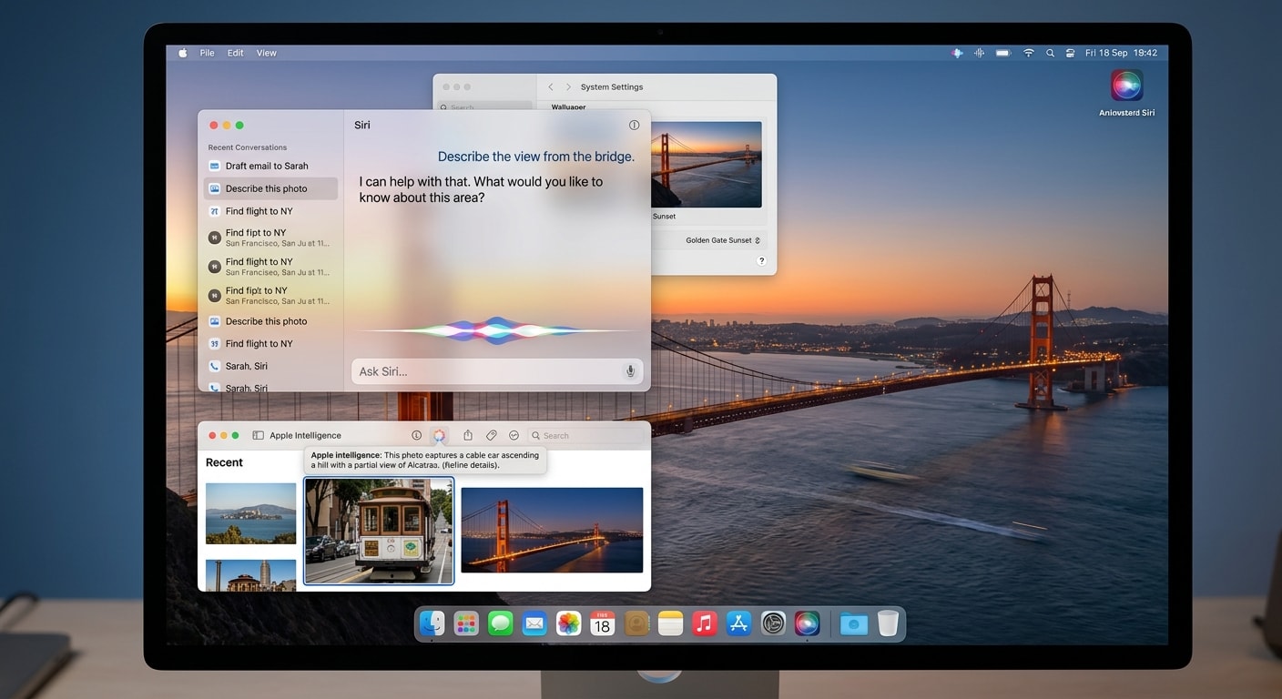 نمایی از دسکتاپ macOS 27 گلدن گیت با والپیپر جدید پل گلدن گیت سانفرانسیسکو و پنجره‌های شفاف Liquid Glass