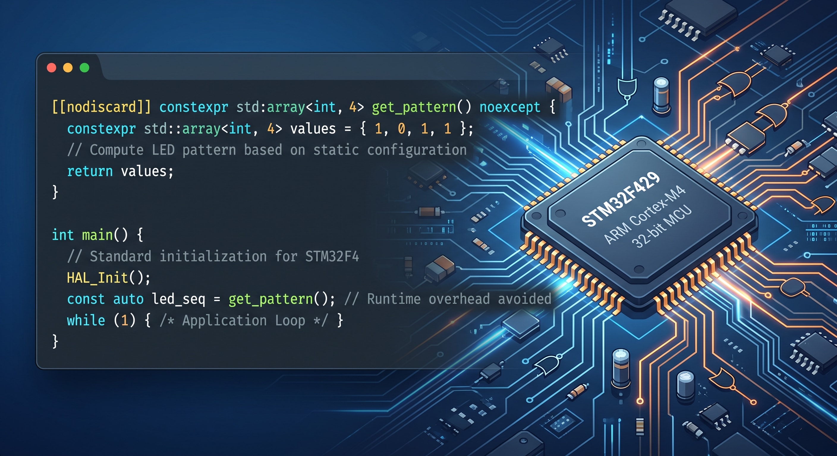 تصویر نمادین از یک کد C++ تمیز و ساختاریافته در کنار یک میکروکنترلر، نشان‌دهنده‌ی ارتباط بین قواعد کدنویسی و سخت‌افزار نهفته.