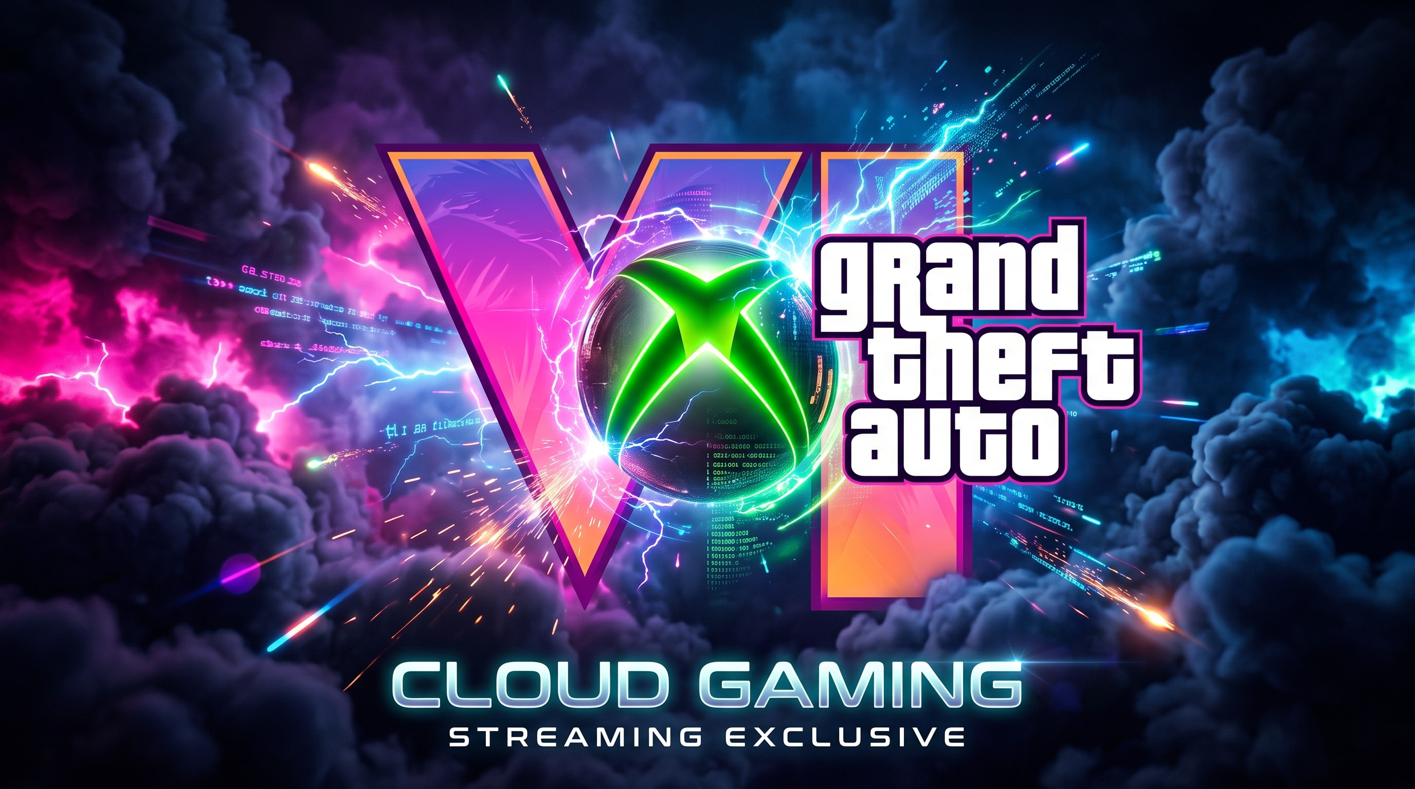 لوگوی GTA 6 در کنار لوگوی Xbox Cloud Gaming روی یک پس‌زمینه ابری و تاریک، نماد انحصار استریم.